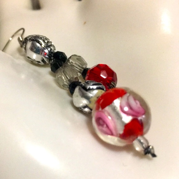 Red black clear BoHo OOAK glass retro pierced dangle sexy RETRO hippie earrings - Picture 3 of 17